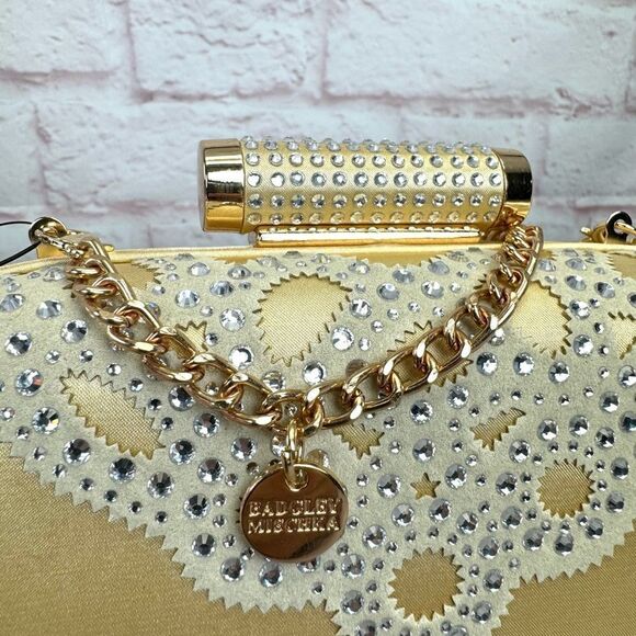 Badgley Mischka Crystal Gold Wrapped Framed Chain Clutch Crossbody NWT - Picture 4 of 12